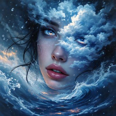 The primary subject of the image is a woman with blue eyes, who is surrounded by a blue ocean. She is looking up at the sky, which is filled with clouds. The setting is a serene ocean environment, and the visual style is a digital art or illustration. The dominant colors in the image are blue and white, creating a calm and peaceful atmosphere.